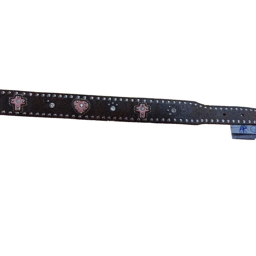 Nocona Western‎ Girls Youth Belt Studded Pink Cross Hearts Brown Leather Size 20